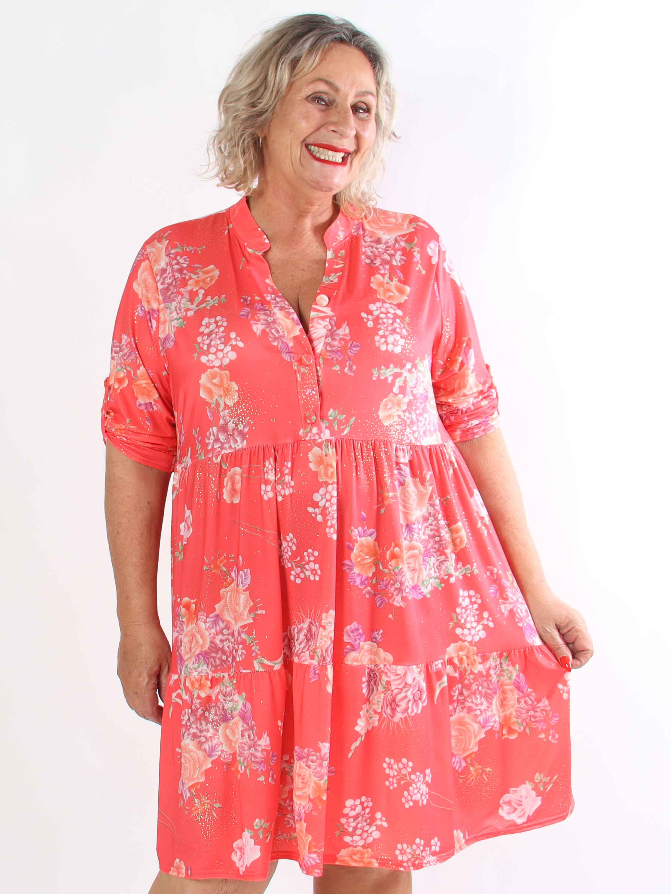 Milano Bouquet Midi - Plus size kjole med smukt blomsterprint og diskret guldglimmer